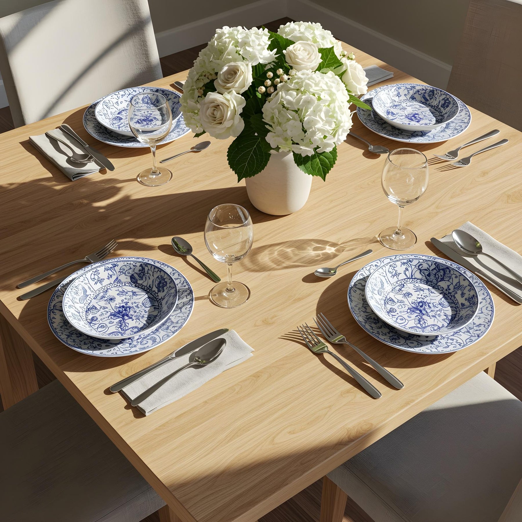 Close-up of a light wood dining table refinished using Retique It Pickled Oak grained kit, styled with white and blue floral china, clear wine glasses, and a centerpiece of white roses and hydrangeas. The soft faux oak finish adds a refined, natural look perfect for any home dining space.