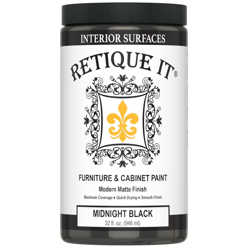 Retique It Furniture & Cabinet Paint in Midnight Black, 32 fl. oz. container with a black lid and modern matte finish label.