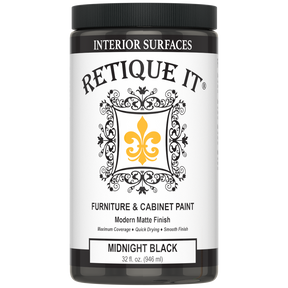 Retique It Furniture & Cabinet Paint in Midnight Black, 32 fl. oz. container with a black lid and modern matte finish label.