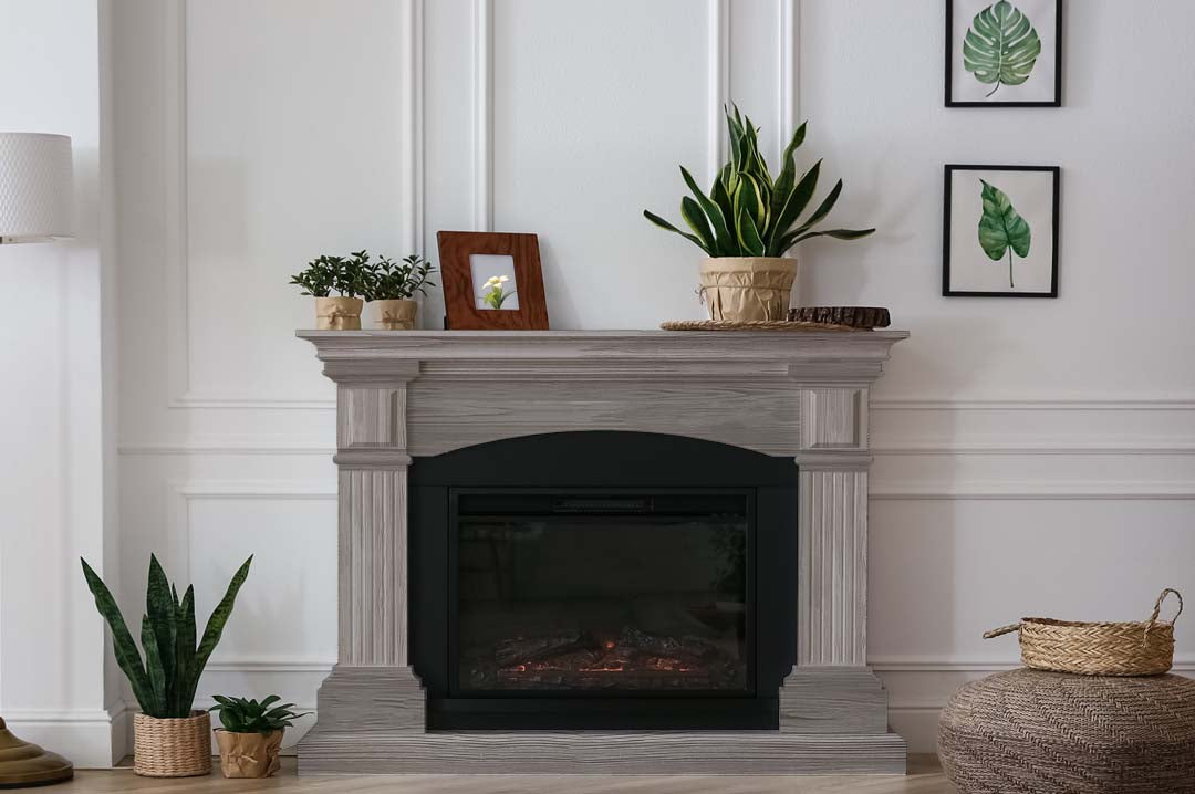 Retique It Wood'n Finish Kit in Harbor Gray, multi-purpose wood finish kit with a grained fireplace surface shown in the image.