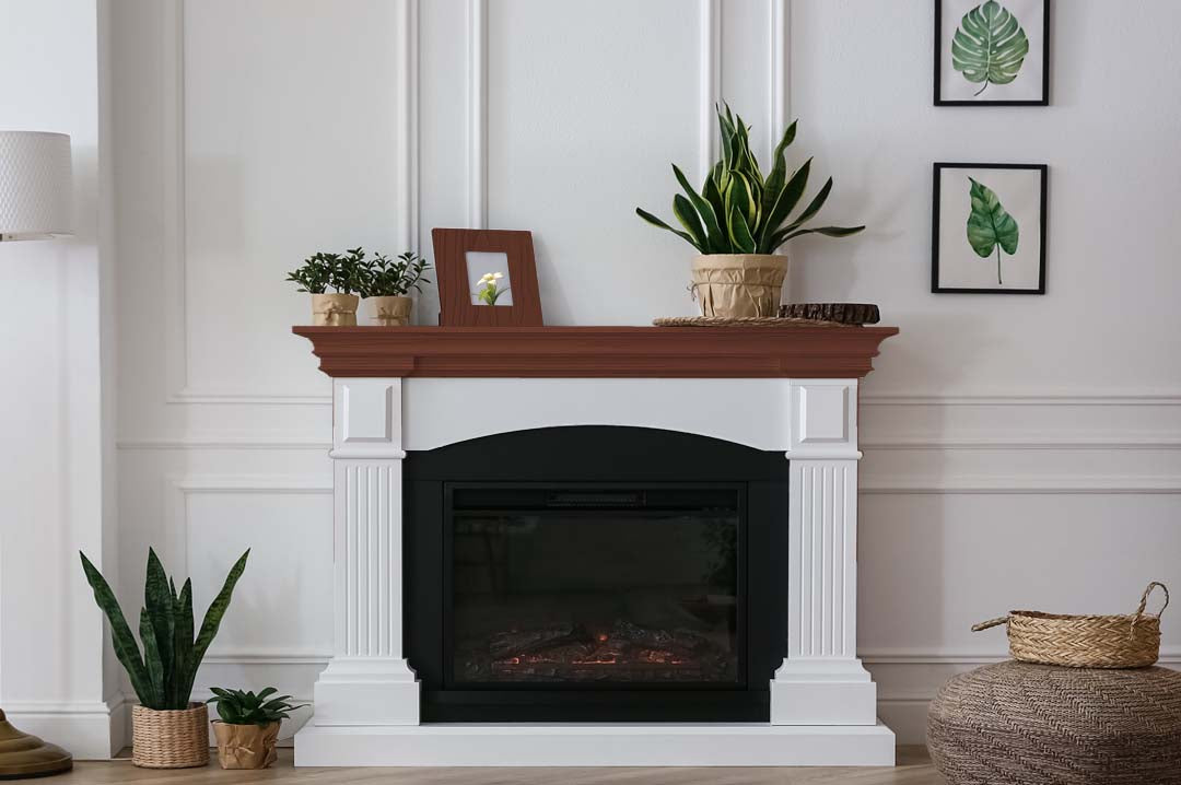 Retique It® Wood'n Finish Kit in Red Mahogany for exterior wood surfaces, shown on a fireplace mantle with a grained finish.