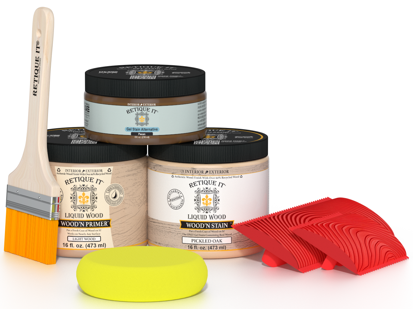Retique It® Wood'n Kit in Pickled Oak, multi-purpose wood finish kit with applicator tools and sample wood surface.
