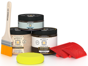 Retique It® Wood'n Kit Medium in Charcoal showing wooden finish application with brushes and tools for multi-purpose wood finishing.