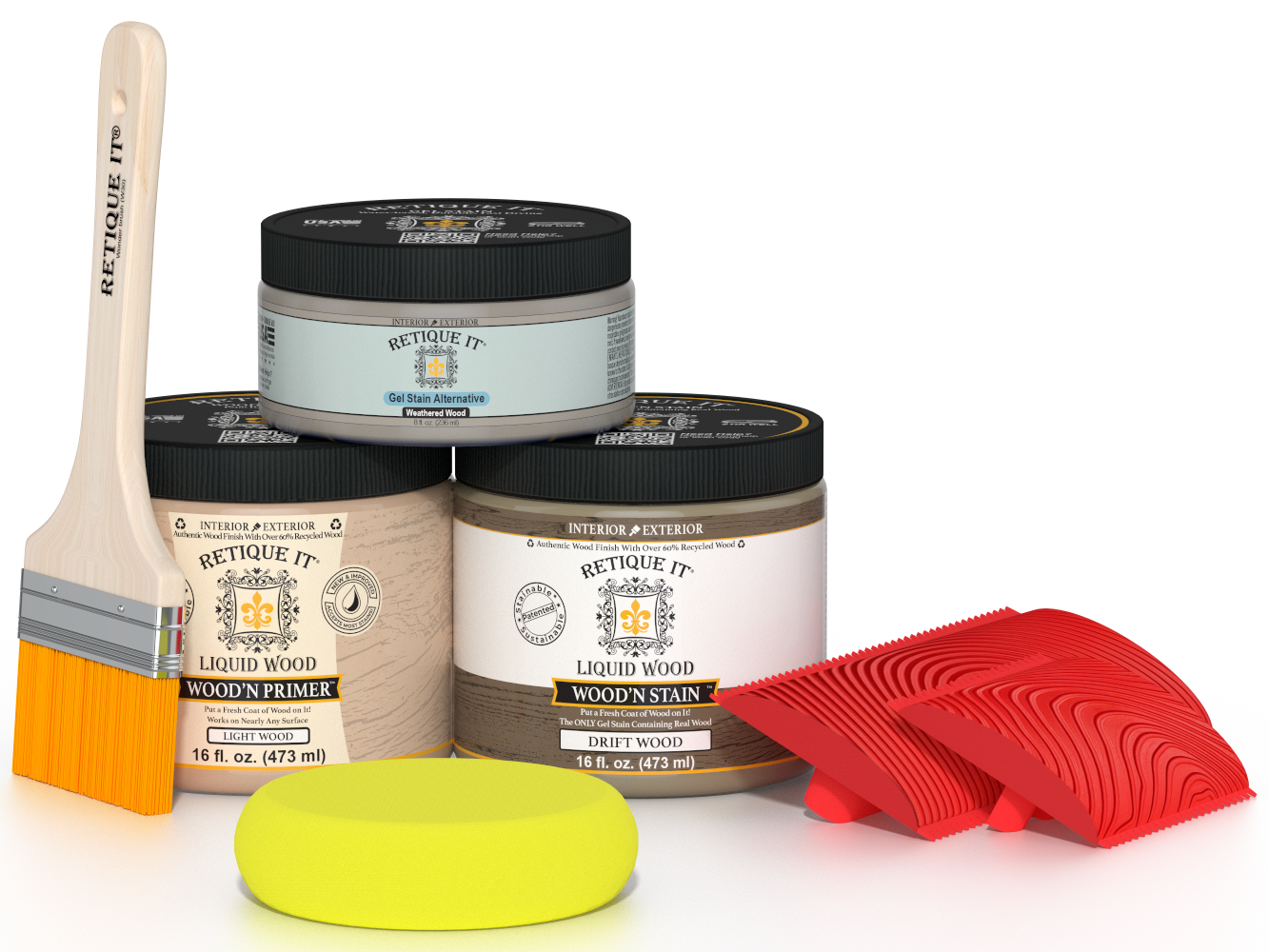 Retique It® Wood'n Finish Kit in Medium for driftwood effect, showing the front view with wood finish and application tools.