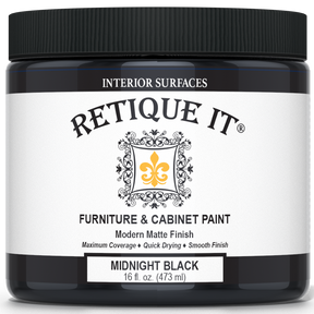 Retique It Furniture & Cabinet Paint in Midnight Black, 16 fl. oz. jar with a black lid and modern matte finish label.