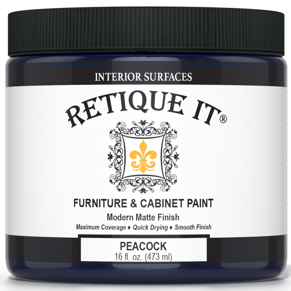 Retique It Furniture & Cabinet Paint in Peacock, 16 fl. oz. jar with a black lid and modern matte finish label.