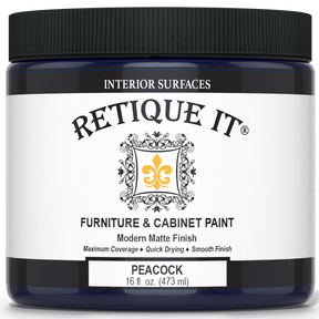 Retique It Furniture & Cabinet Paint in Peacock, 16 fl. oz. jar with a black lid and modern matte finish label.
