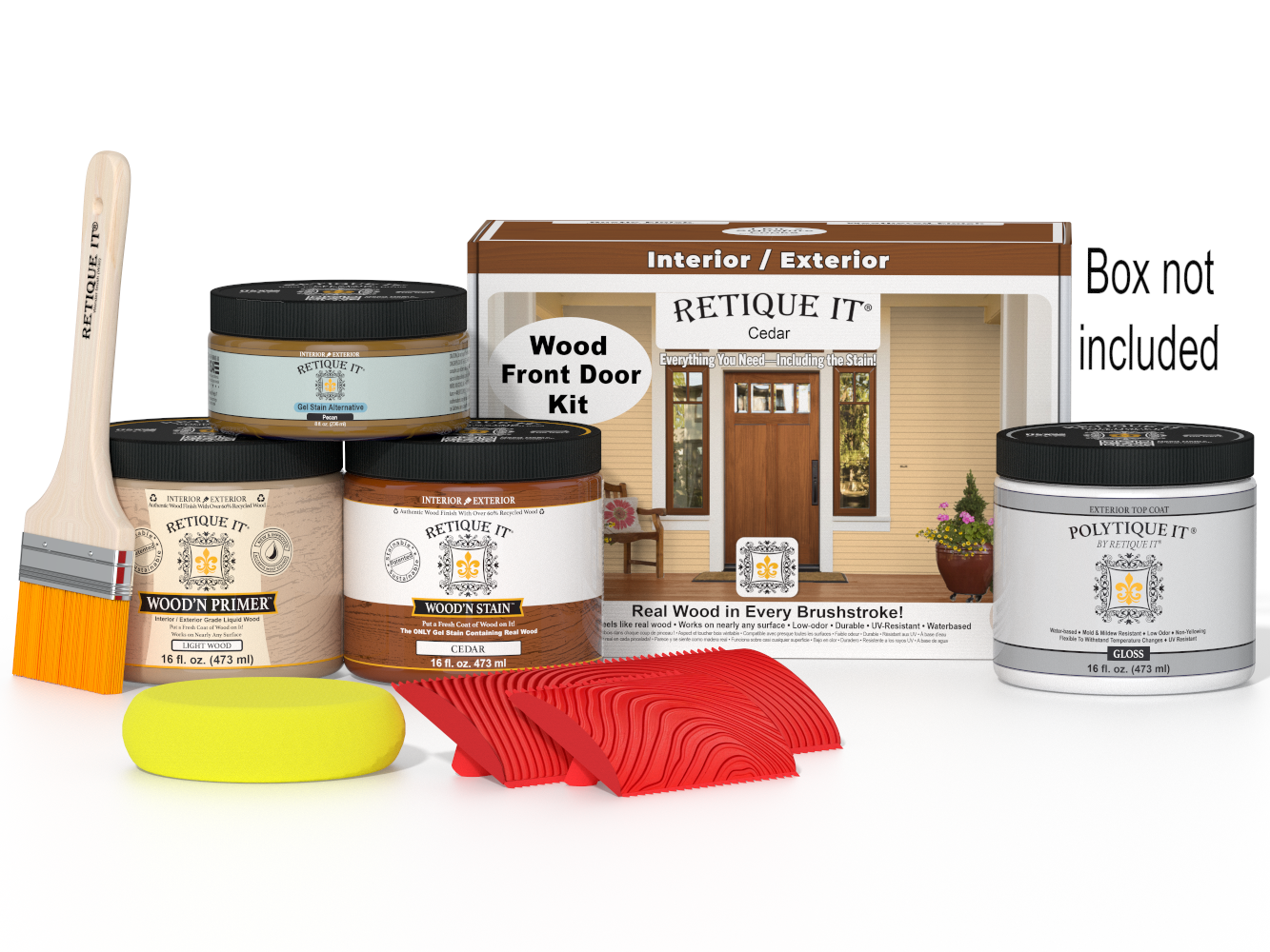 Retique It® Wood'n Finish cedar front door kit with stain, shown in a boxed set ready for installation and finishing.