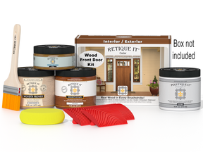 Retique It® Wood'n Finish cedar front door kit with stain, shown in a boxed set ready for installation and finishing.
