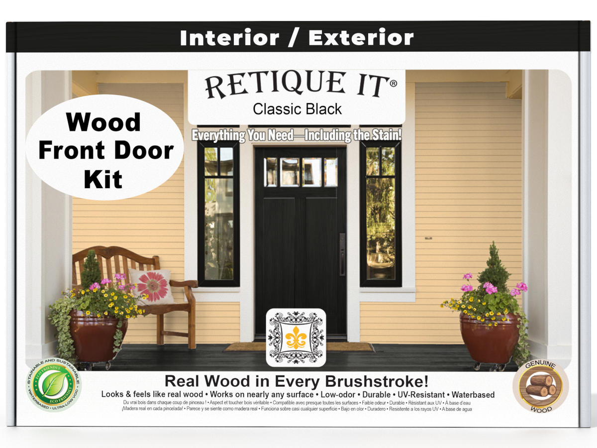 Retique It Wood'n Finish Front Door Kit in Classic Black, featuring stain application on a modern front door.