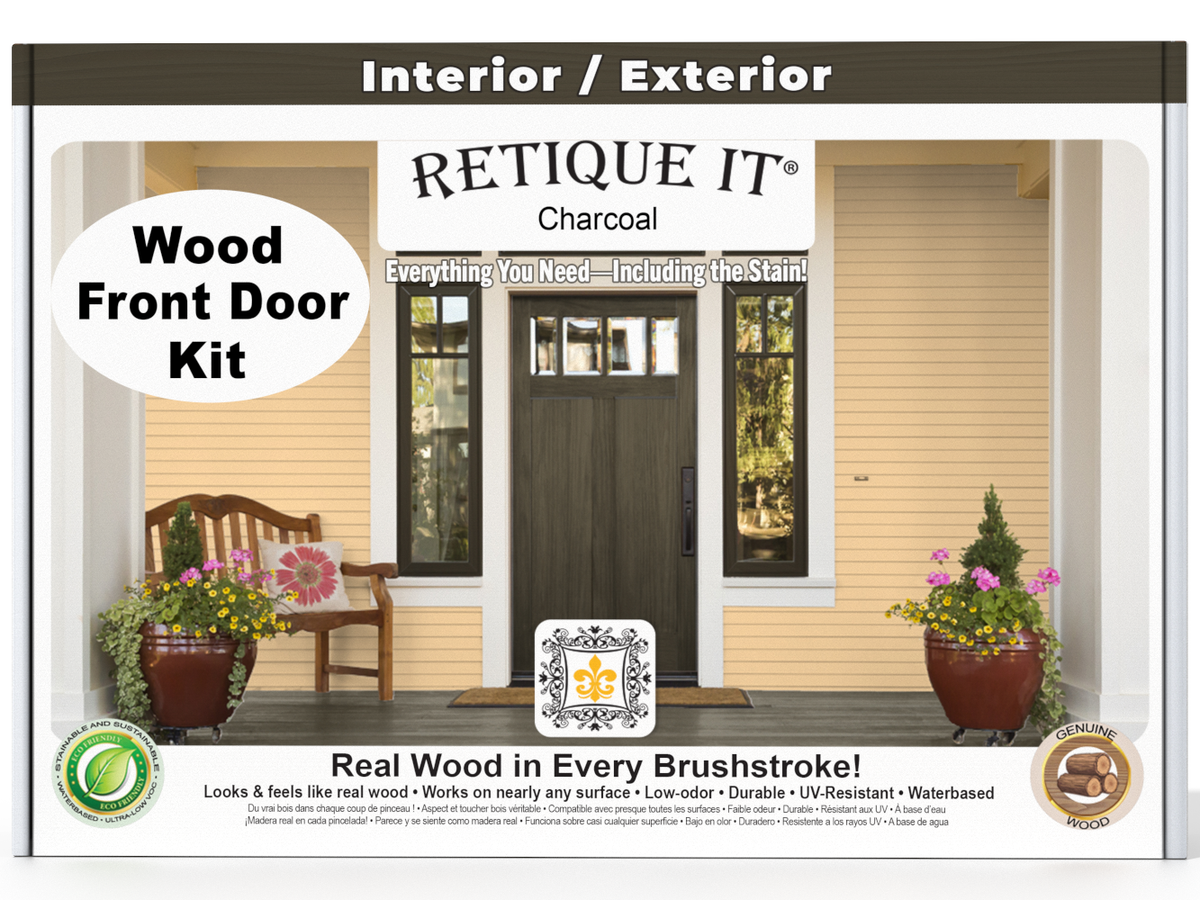 Retique It Wood'n Finish Front Door Kit in Charcoal stain, featuring a natural wood grain look for front door renovation.