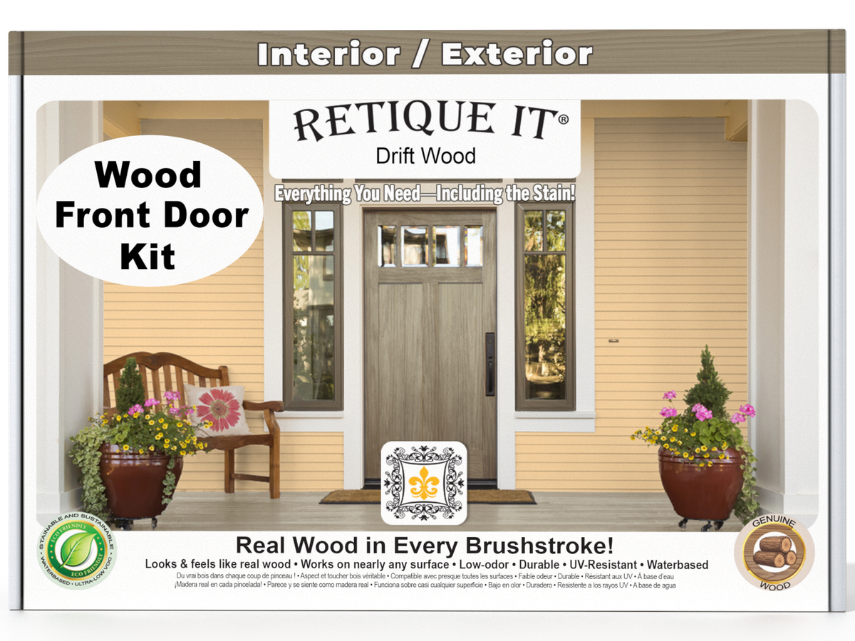 Retique It Wood'n Finish Drift Wood front door kit with stain, showcasing the natural wood grain and finish options for front doors.