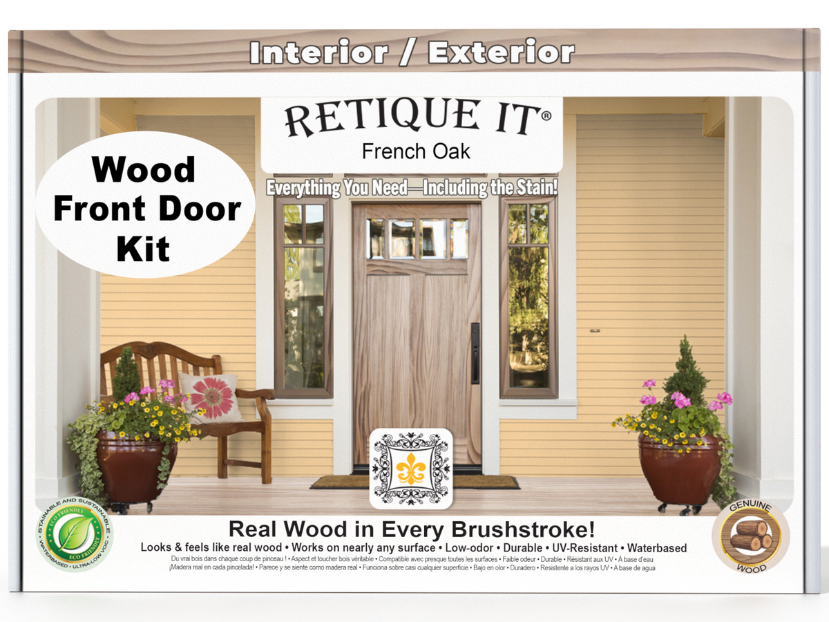 Retique It Wood'n Finish French Oak front door stain kit showing a stained door with natural wood grain finish.