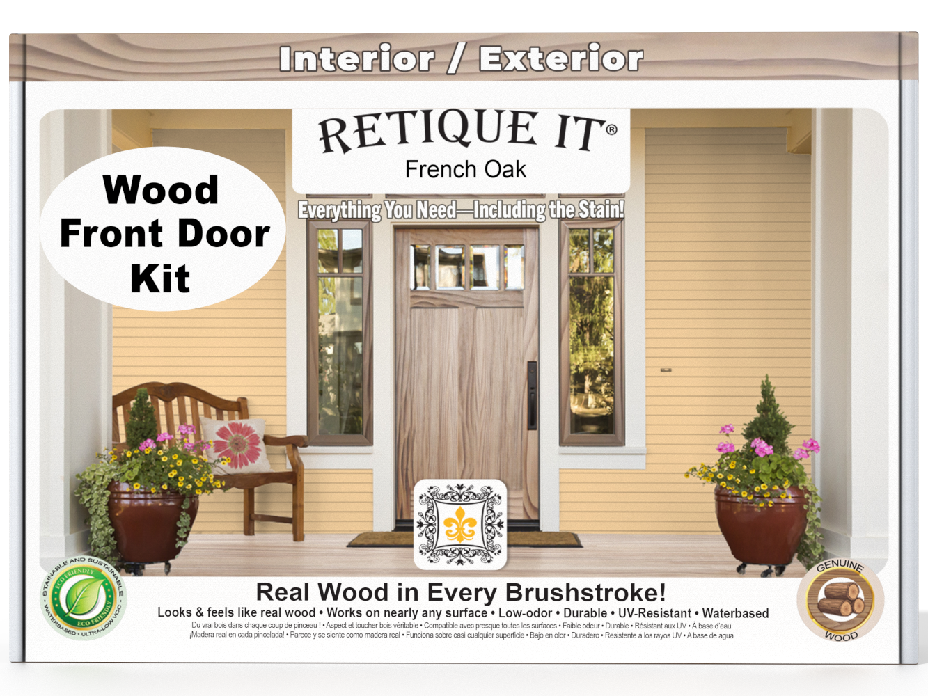Retique It wood front door kit packaging with a sample door and bench on a white background