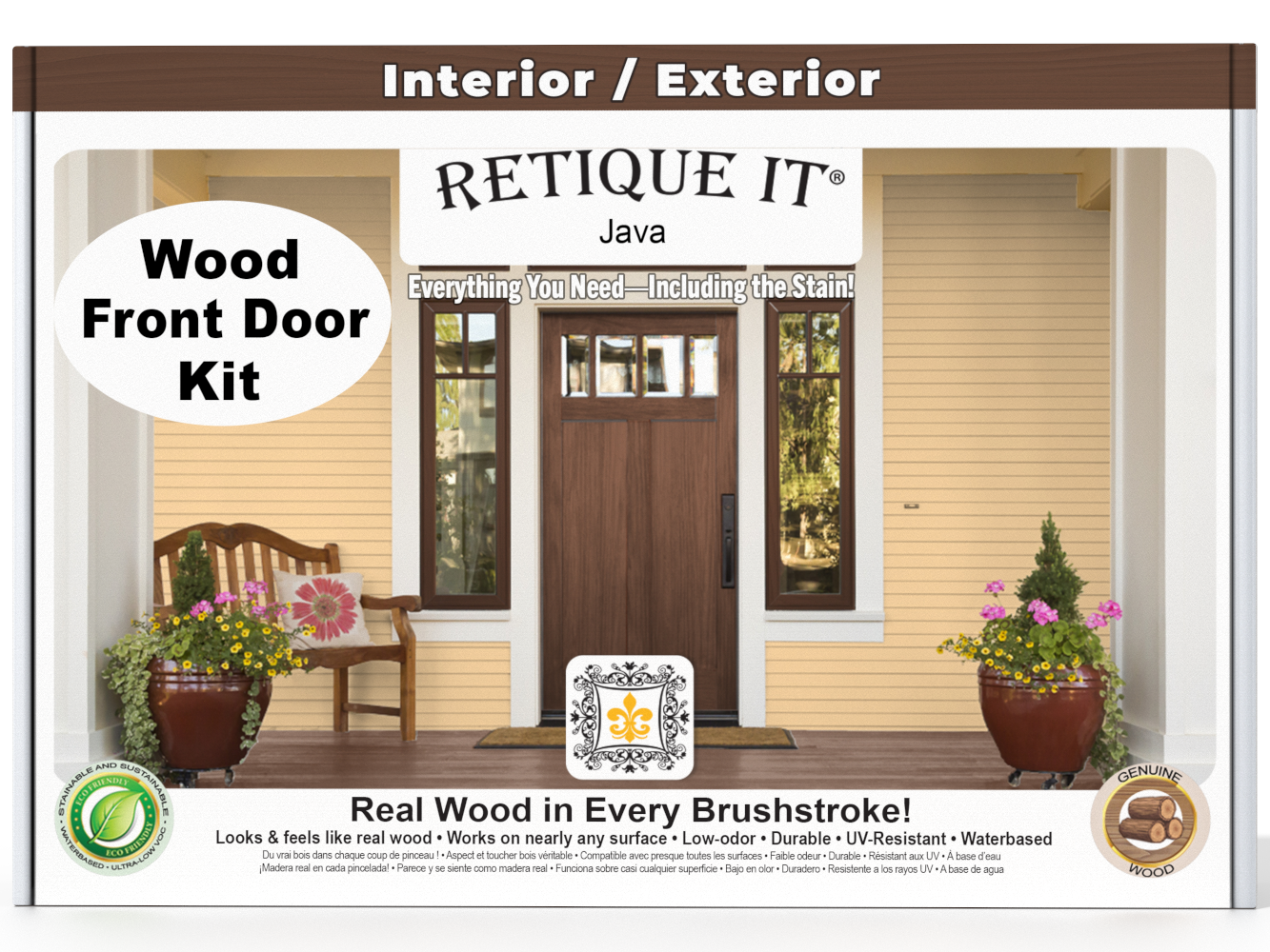 Retique It® Wood'n Finish Java front door kit with stain, showing a natural wood door with Java stain finish and hardware details.