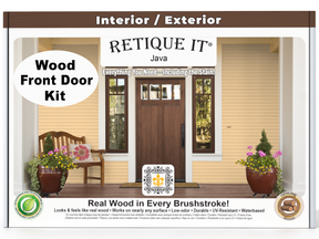 Retique It® Wood'n Finish Java front door kit with stain, showing a natural wood door with Java stain finish and hardware details.