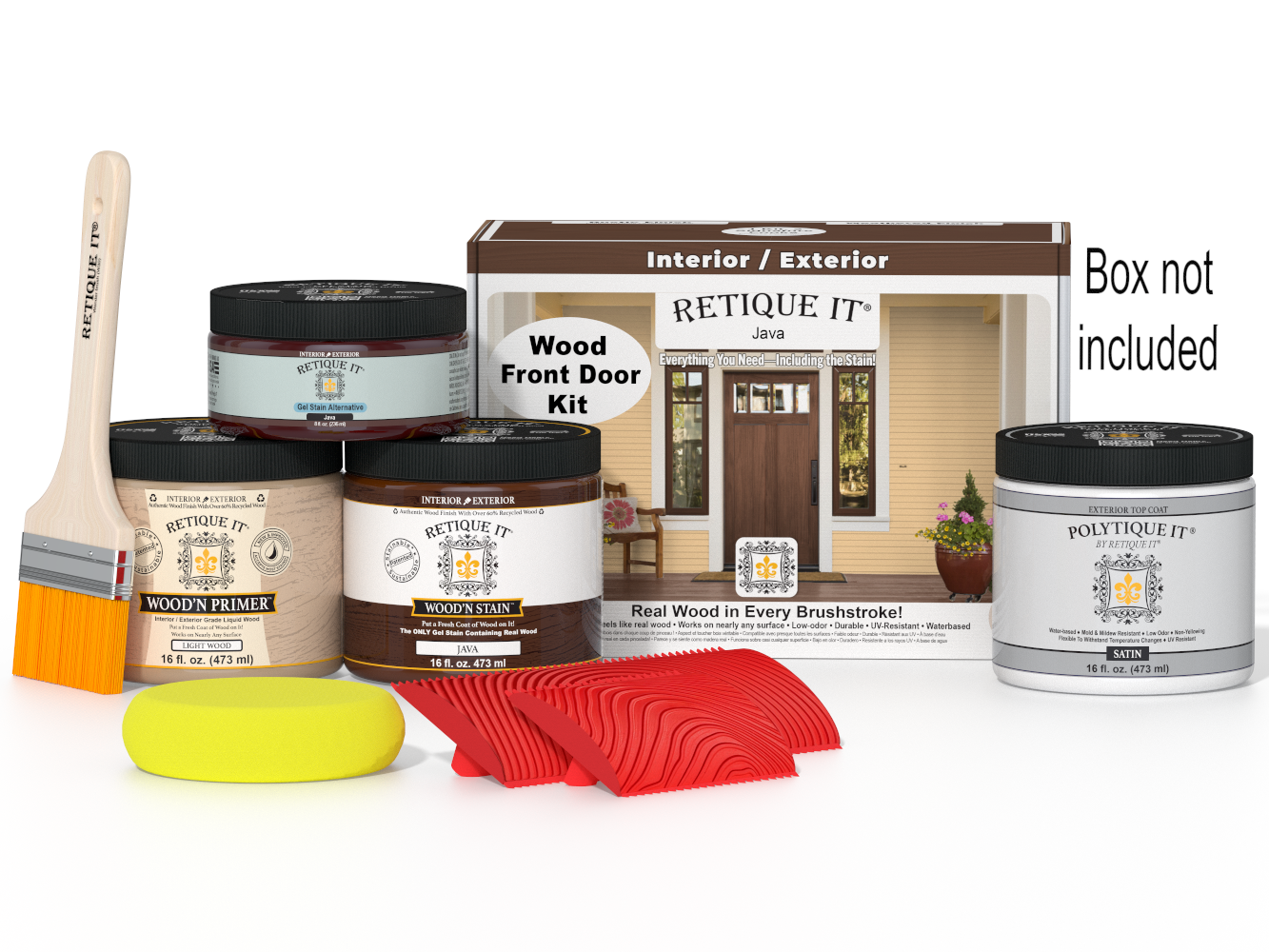 Retique It® Wood'n Finish Java front door kit with stain, showing the assembled wooden door and stain application details.
