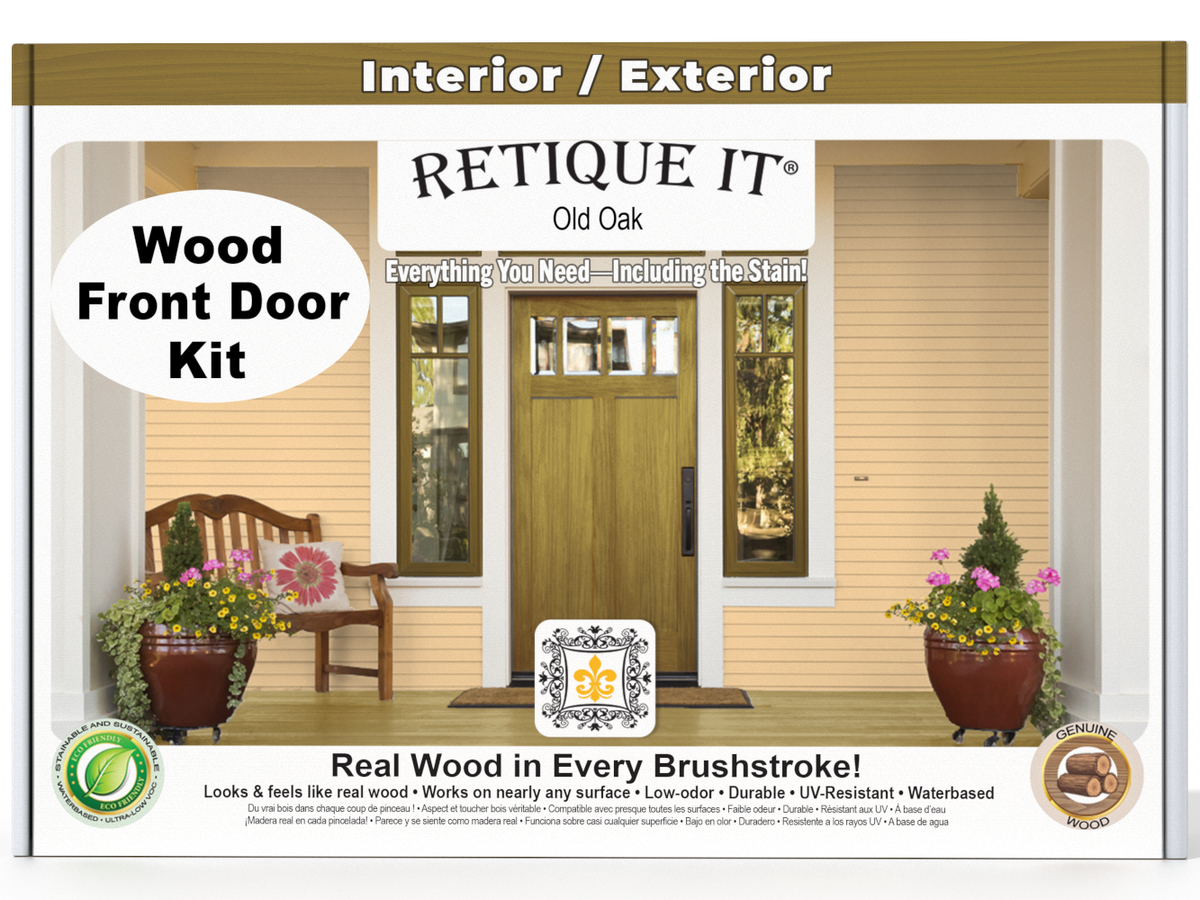 Retique It Wood'n Finish Old Oak front door kit with stain, featuring a natural oak wood grain and detailed door design.