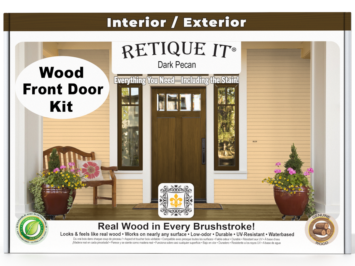 Retique It® Wood'n Finish Front Door Kit in Dark Pecan stain, showcasing a prepared wooden door with rich, dark finish details.