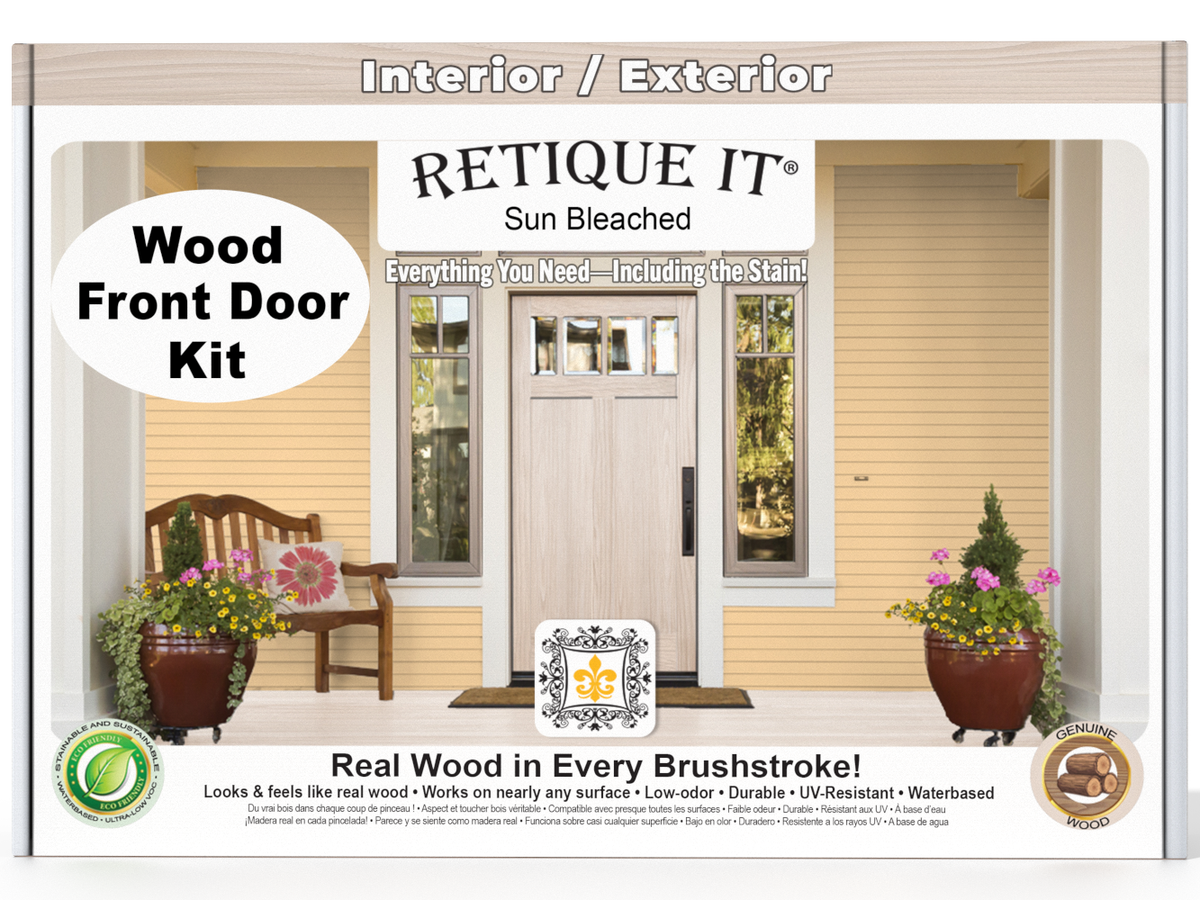 Retique It Wood'n Finish Front Door Kit in Sun Bleached, showcasing the kit components and a finished front door example.