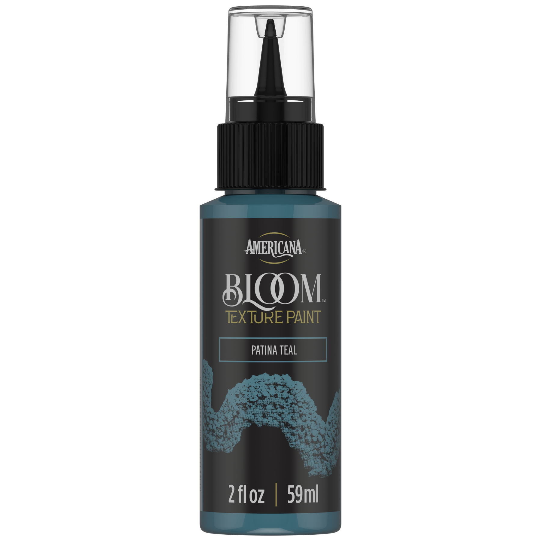 DecoArt Bloom Texture Paint in Patina Teal, front view of the product container