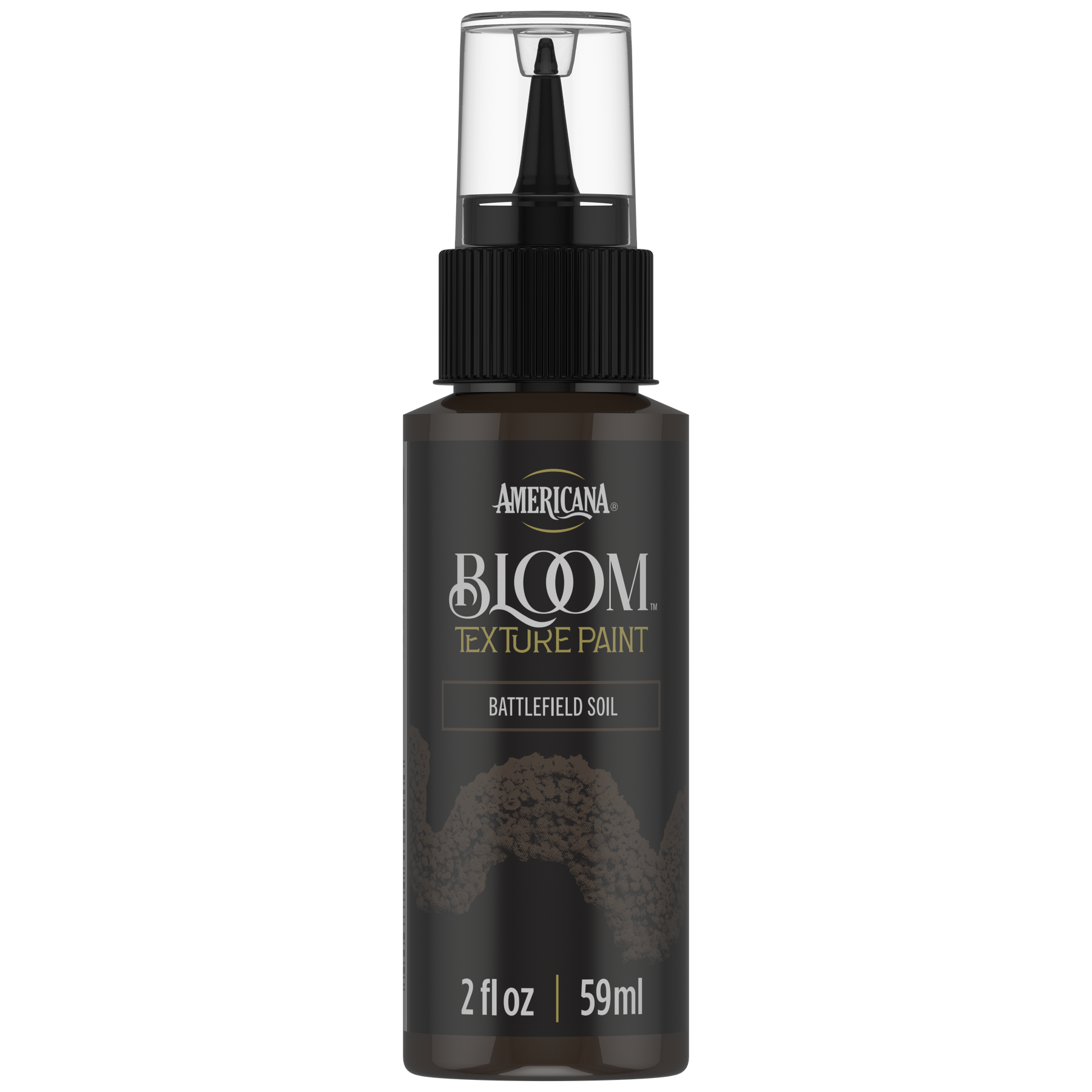 DecoArt Bloom Texture Paint in Battlefield Soil, front view of paint container label