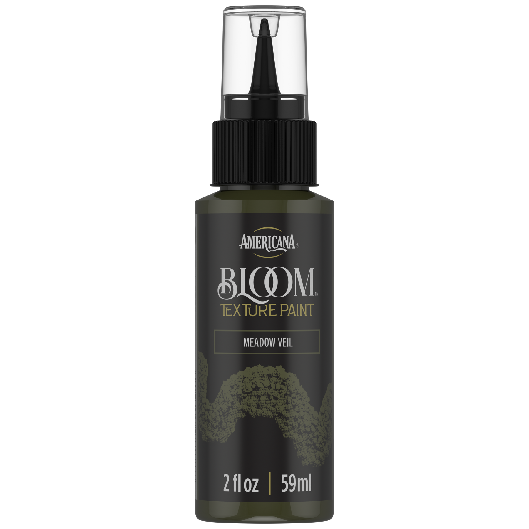 DecoArt Bloom Texture Paint in Meadow Veil, front view of the paint container label