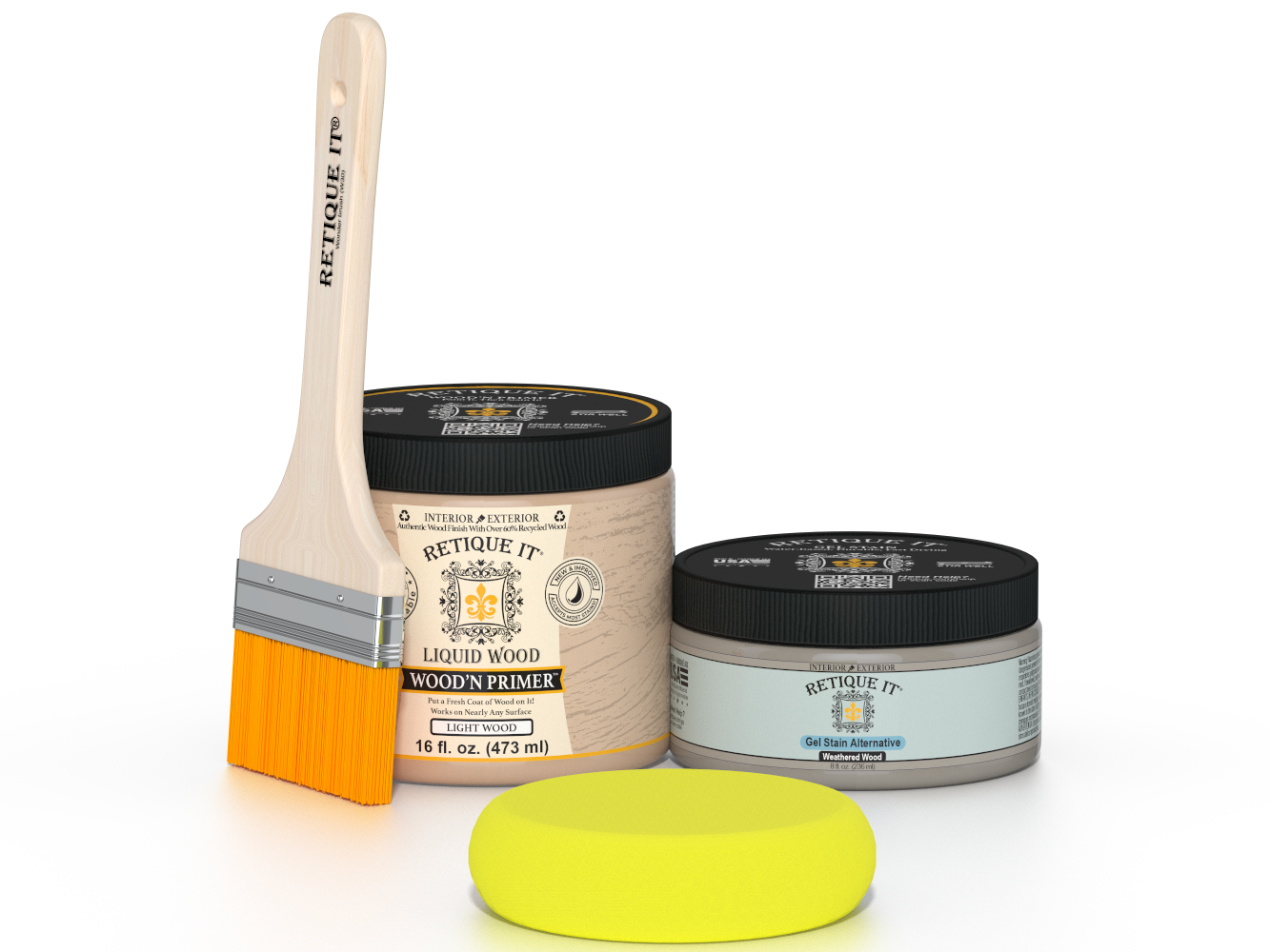 Retique It® Weathered Wood Multipurpose Kit contents with Liquid Wood primer, Weathered Wood gel stain alternative, paintbrush, and yellow sponge.