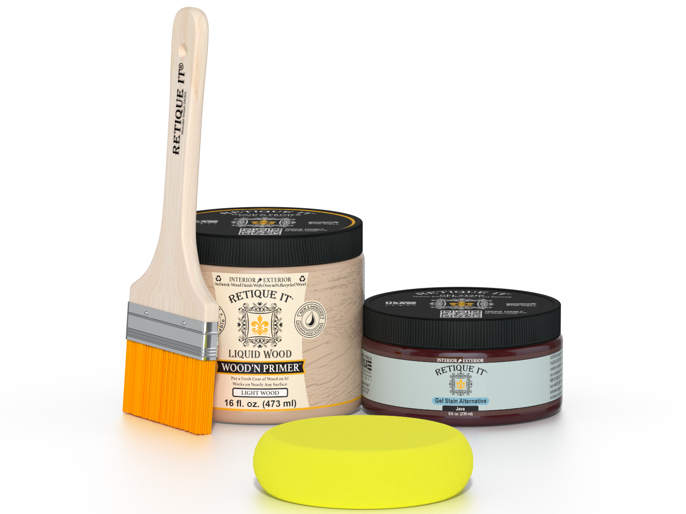 Retique It® Java Multipurpose Kit contents with Liquid Wood primer, Java gel stain alternative, paintbrush, and yellow sponge.