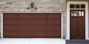 Retique ItÂ® Wood'n Finish Kit with four red mahogany interior top coat bottles, shown in a garage door grained wood surface.