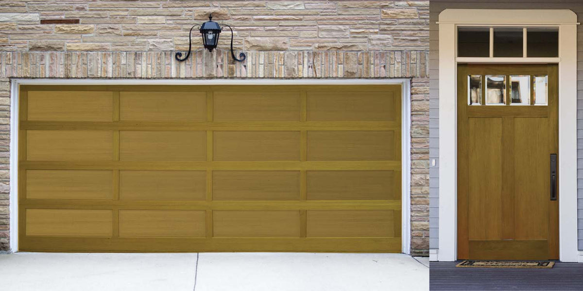 Retique It Multi-purpose Smooth Finish Kit in Old Oak for exterior wood surfaces, shown on garage door with smooth wood finish.