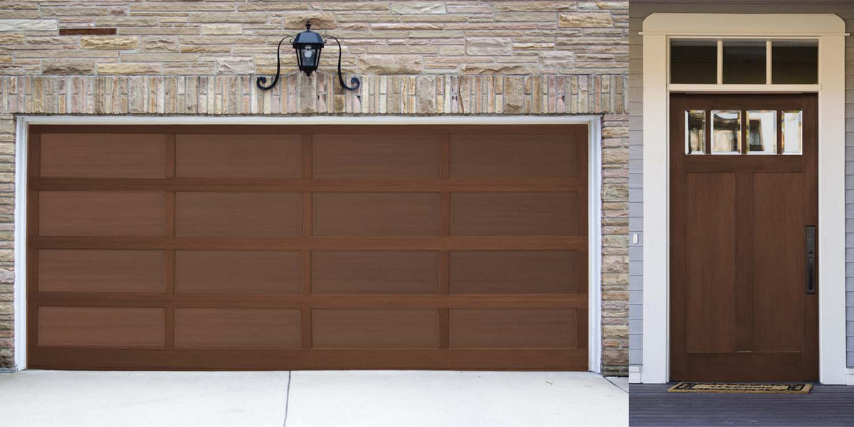Retique It Multi-purpose Smooth Finish Kit in Java for exterior wood surfaces, featuring a matte top coat on a garage door.
