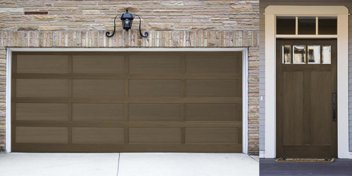 Retique It Multi-purpose Smooth Finish Kit in Black Walnut for exterior wood projects, shown on a garage door.