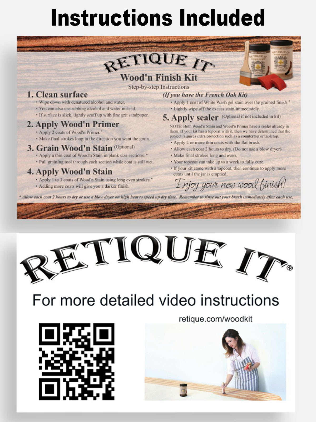 Retique It Fireplace Mantel Wood'n Finish Kit in Harbor Gray stain with installation instructions shown in the image.