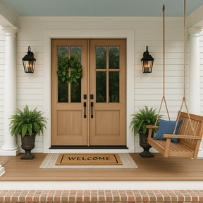 Welcoming front porch featuring double front doors refinished with Retique It Pickled Oak grained kit. The natural faux wood look complements the classic white siding, porch swing, lantern lighting, and greenery for a warm farmhouse aesthetic.