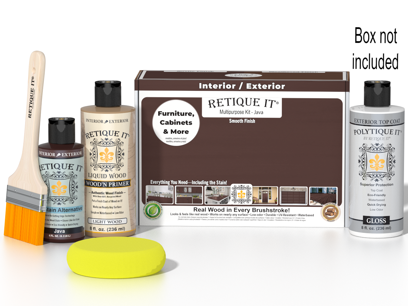 Retique It® Multi-purpose Smooth Finish Kit in Java for wood exterior top coat with glossy finish, includes application tools.