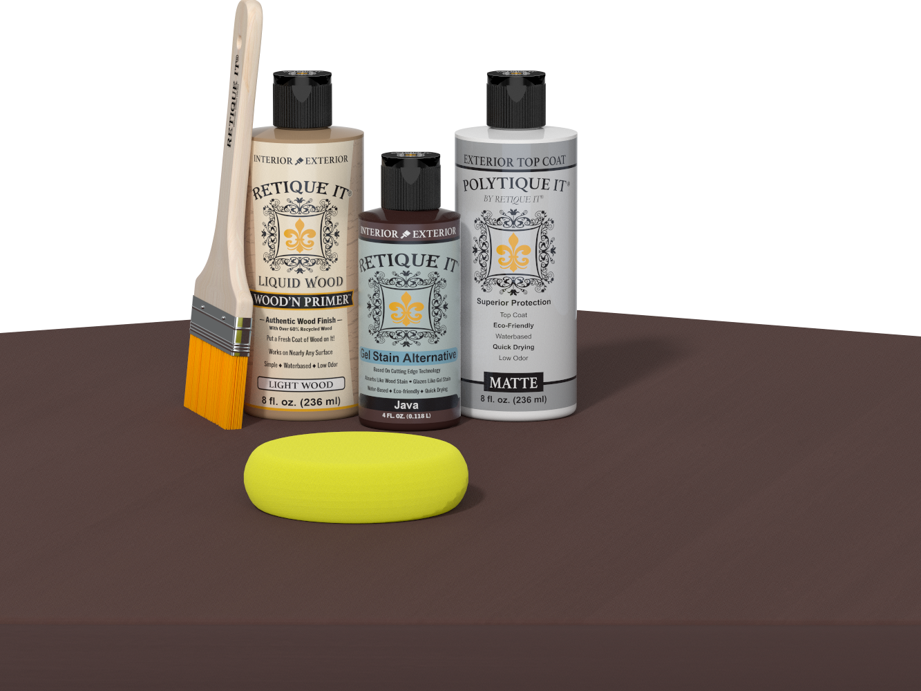 Retique It® Multi-purpose Smooth Finish Kit in Java for wood exterior top coat with satin finish, shown on a table.