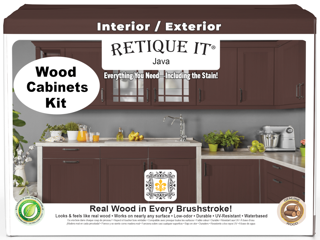 Retique It® Wood'n Cabinet Kit with Java stain, 48-door smooth design, showcasing front view of kitchen cabinets.