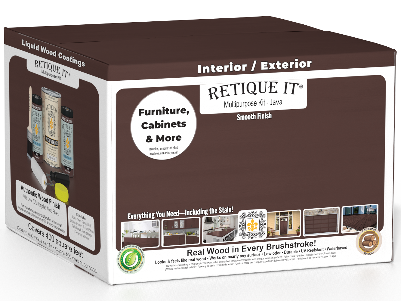 Retique It Multi-purpose Smooth Finish Kit in Java, exterior top coat wood finish with four large bottles in the box.