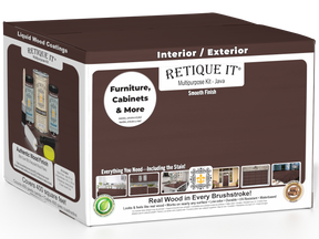 Retique It Multi-purpose Smooth Finish Kit in Java, exterior top coat wood finish with four large bottles in the box.