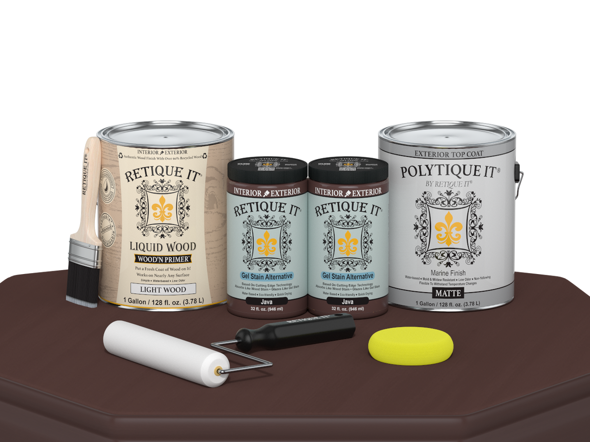 Retique It® Java Multi-purpose Smooth Finish Kit with 4 large exterior top coat bottles on a table, for wood finishing projects.