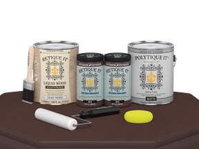 Retique It Java Multi-purpose Smooth Finish Kit with 4 large exterior top coat bottles on a table, for wood finishing projects.