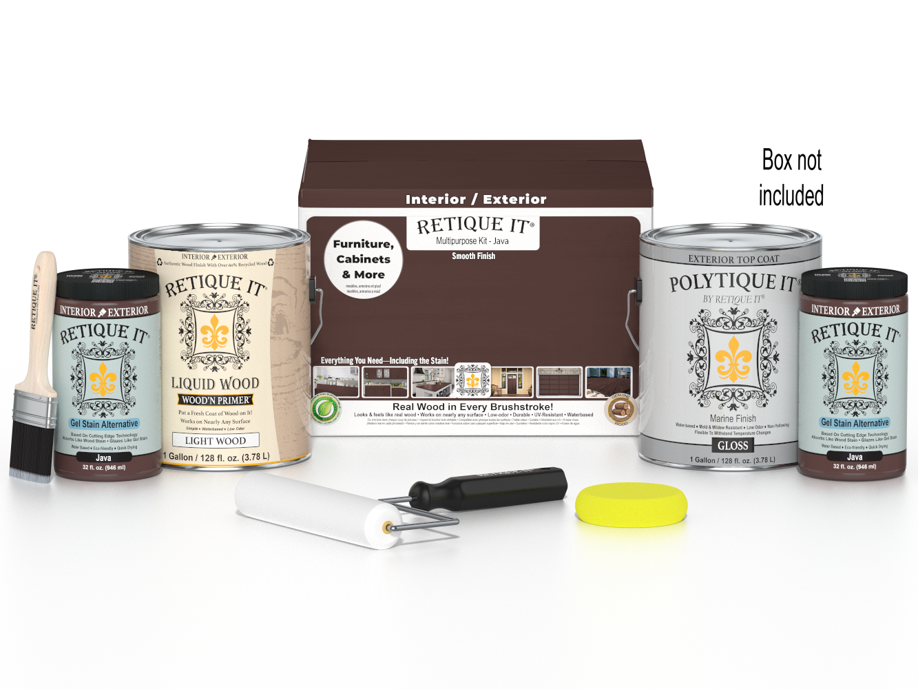 Retique It Multi-purpose Smooth Finish Kit in Java, exterior wood top coat with four large wood finish containers and application tools.
