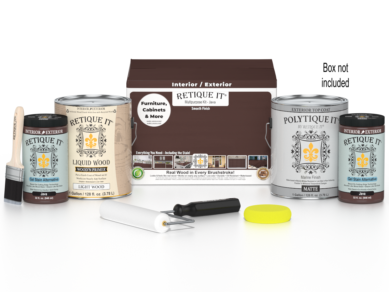 Retique It Multi-purpose Smooth Finish Kit in Java for exterior wood projects, includes four large top coat bottles and application tools.
