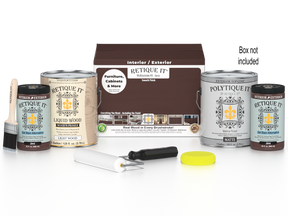 Retique It Multi-purpose Smooth Finish Kit in Java for exterior wood projects, includes four large top coat bottles and application tools.