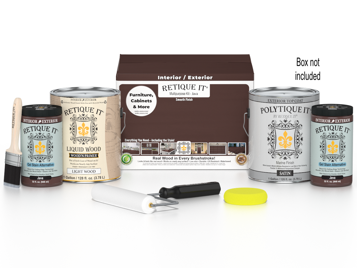 Retique It Multi-purpose Smooth Finish Kit in Java with four large exterior top coat bottles, ideal for wood finishing projects.