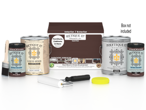 Retique It Multi-purpose Smooth Finish Kit in Java with four large exterior top coat bottles, ideal for wood finishing projects.