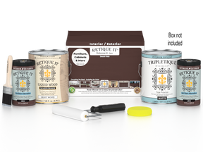 Retique It® Java multi-purpose wood finish kit with four large interior top coat bottles in matte finish, includes application tools and box.