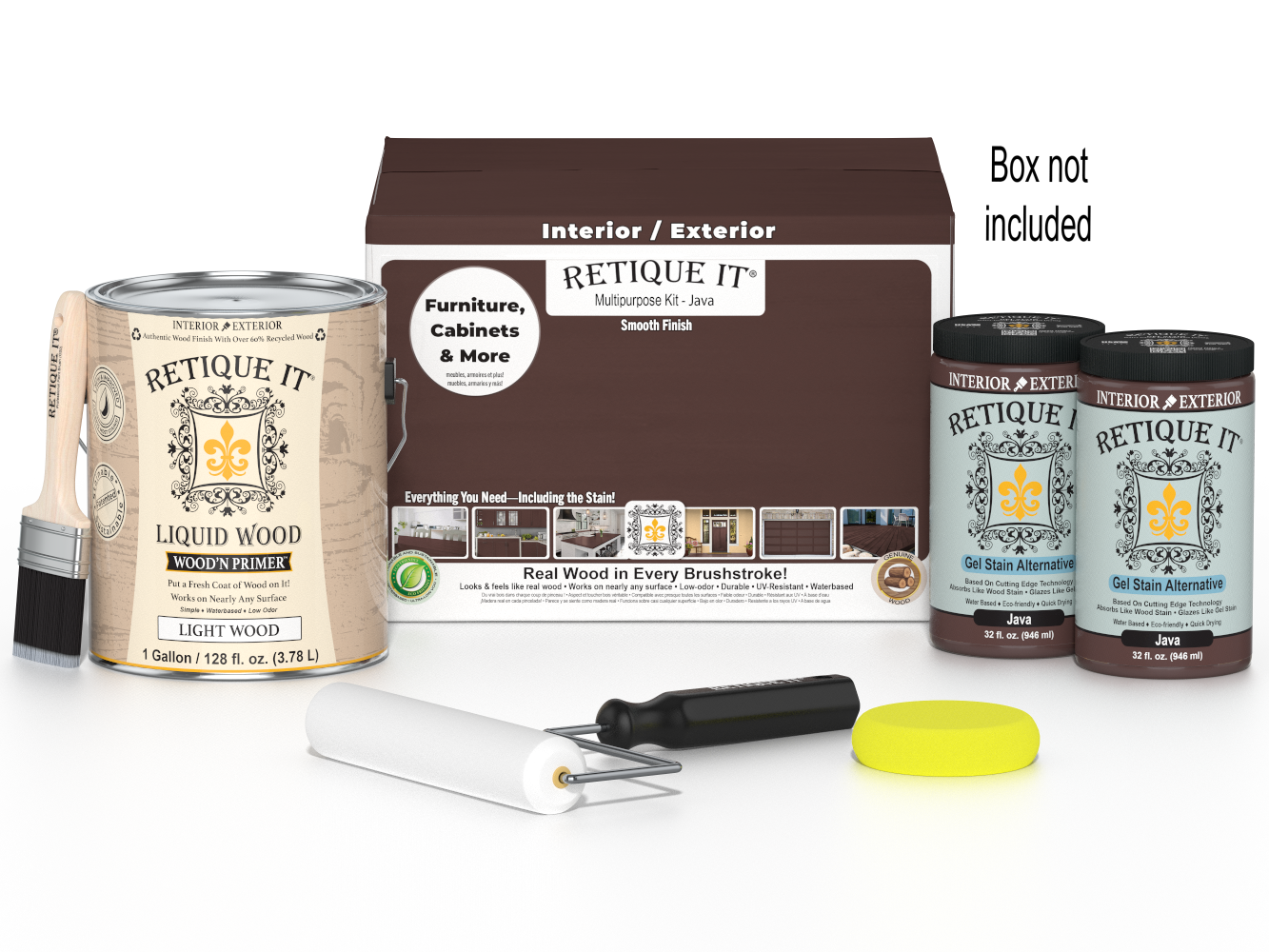 Retique It® Wood'n Finish Kit in Java with four large containers, featuring a smooth finish for multi-purpose wood projects.