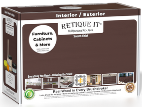 Retique It® Multi-purpose Smooth Finish Kit in Java for interior wood furniture with matte top coat, includes wood finishing supplies.